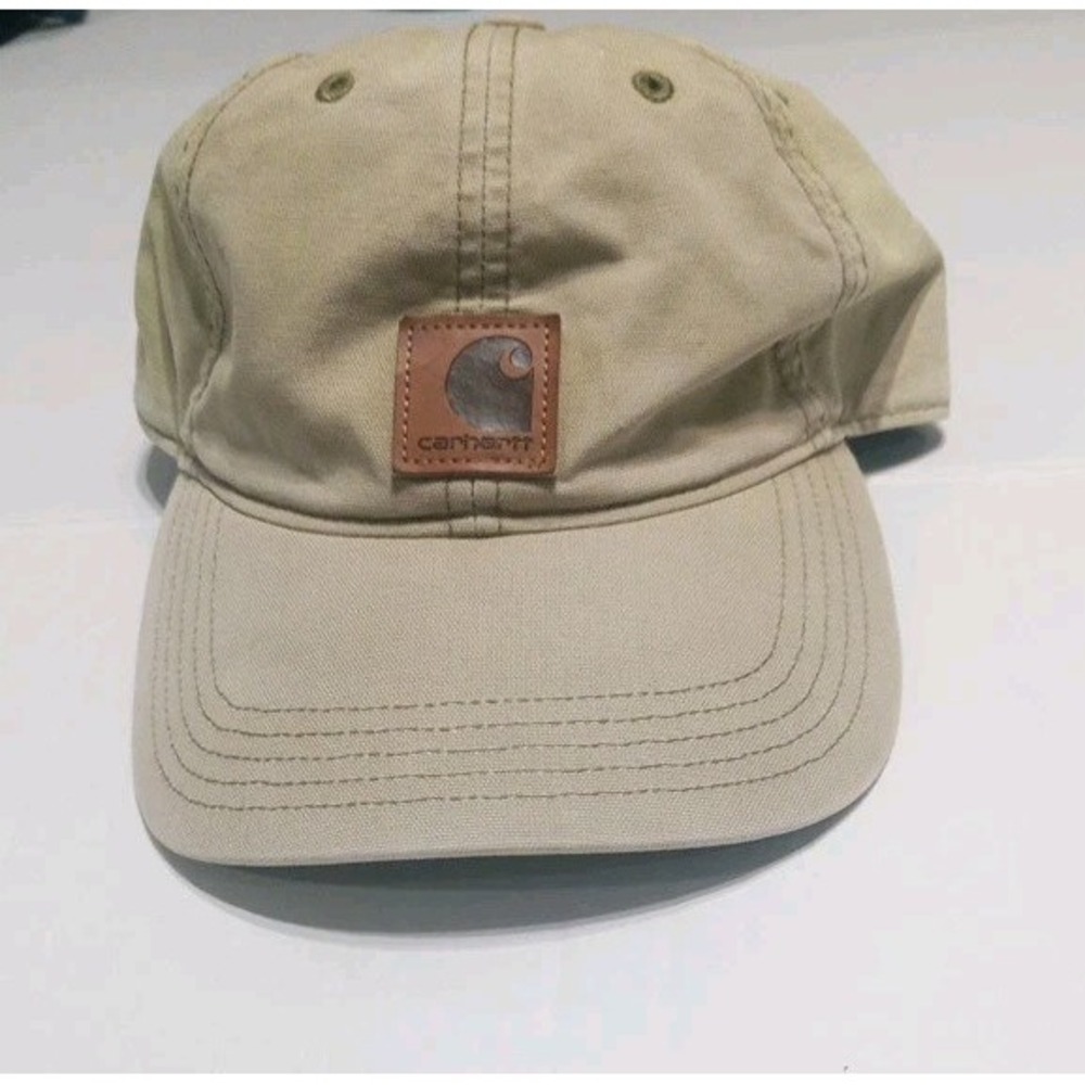 Carhartt Canvas Hat Tan Leather Patch Logo Cap Adjustable Workwear Dad Hat Mens